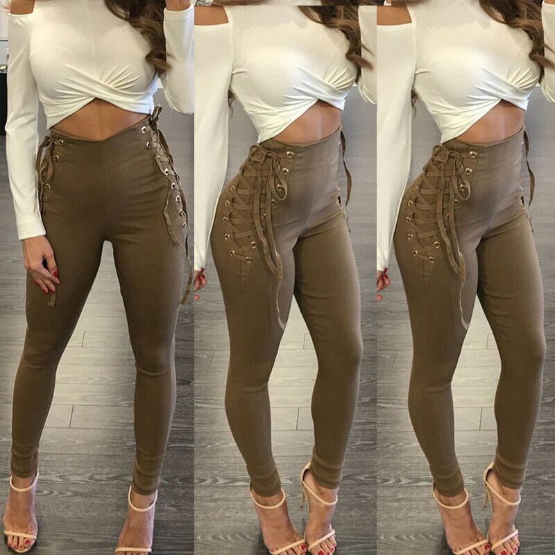 Pants Leggings Trousers Womens Lace Up Skinny Pencil High Waist Bandage Stretch Solid Party Black Women's & Capris