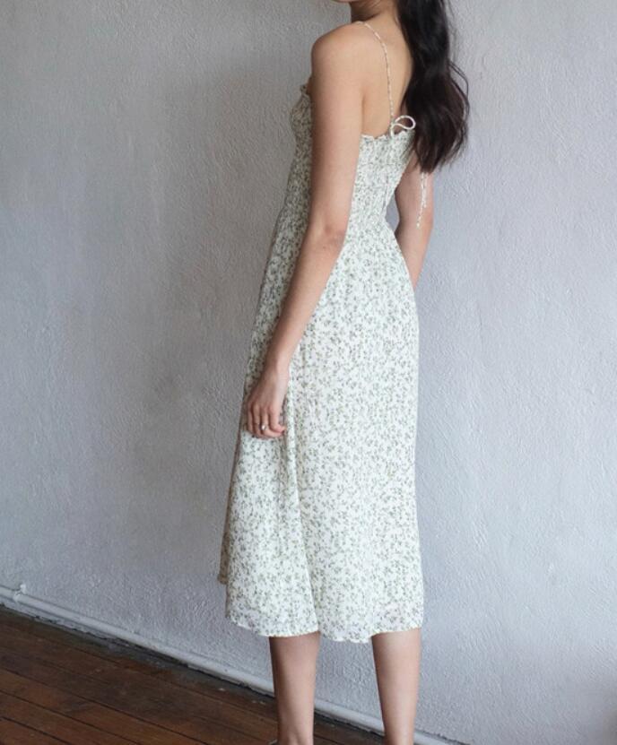 Retro Elegant Elastic Body Long Sling Dresses France Fresh Floral Print Vintage Women Summer Dress Holiday 210429