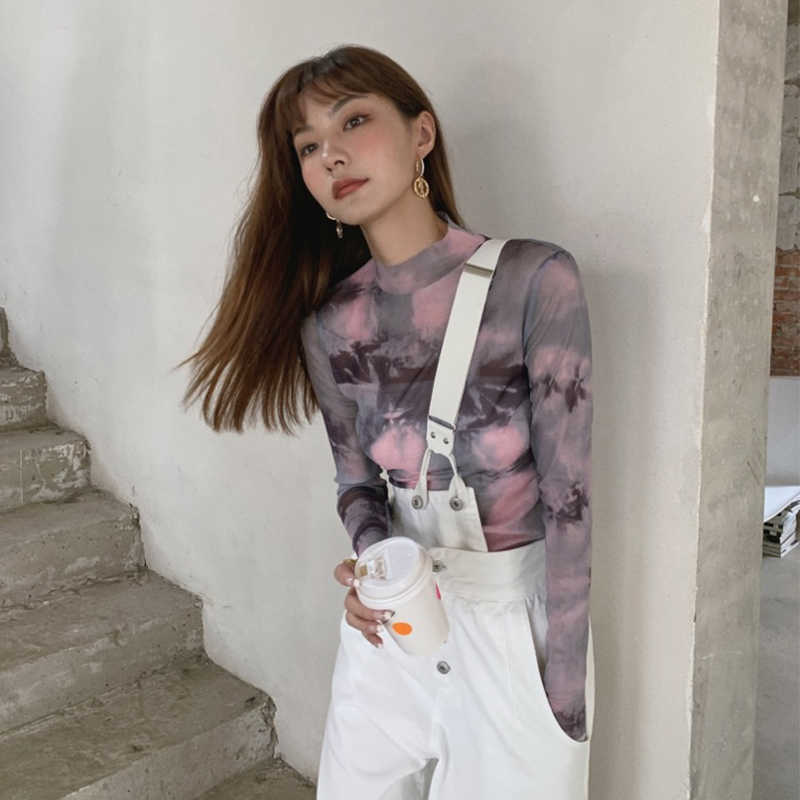 Yedinas Tie Dye E Girl Pink Mesh Top Long Sleeve T Shirt Women Turtleneck Back Zipper See Through Tshirt Y2k Aesthetic Tee 210527