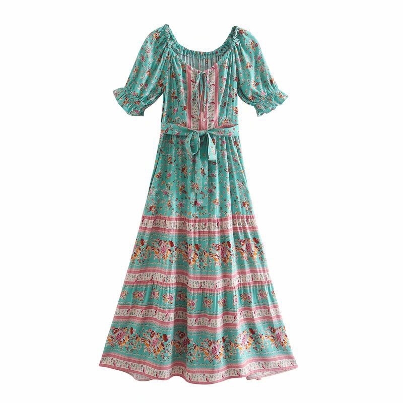 Bohemia Bandage Adjust Collar Floral print Dress BOHO Holiday Woman Tie Bow Sashes Short Sleeve Lantern Long Dresses 210429
