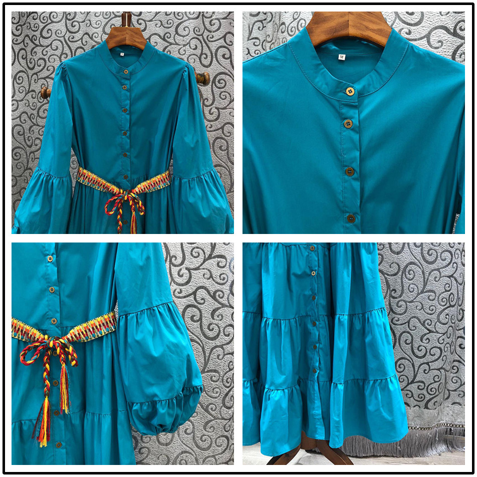 Bohemian Long Dress Women's Stand Collar Lantern Sleeve High Waist Belt Casual Women Fashion Style 210525