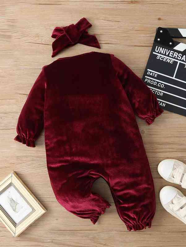 Baby Glitter Star Ruffle Trim Velvet Jumpsuit With Headband SHE
