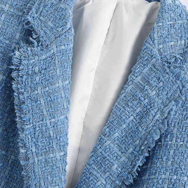 Fashion Office Wear Blue Tweed Blazer Women Elegant Double Breasted Jacket Coat Casual Long Sleeve Pockets Outwear 210515