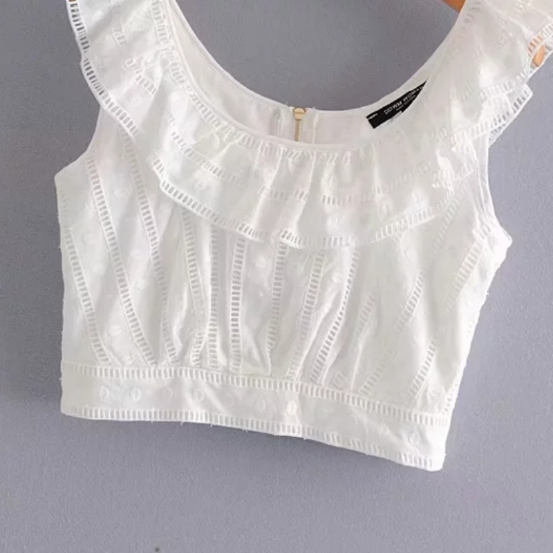 Hollowing Embroidery Cascading Ruffle Women Vest Shirt Casual White Blouse Summer Style Small Tops Fashion Chemise S5508 210430