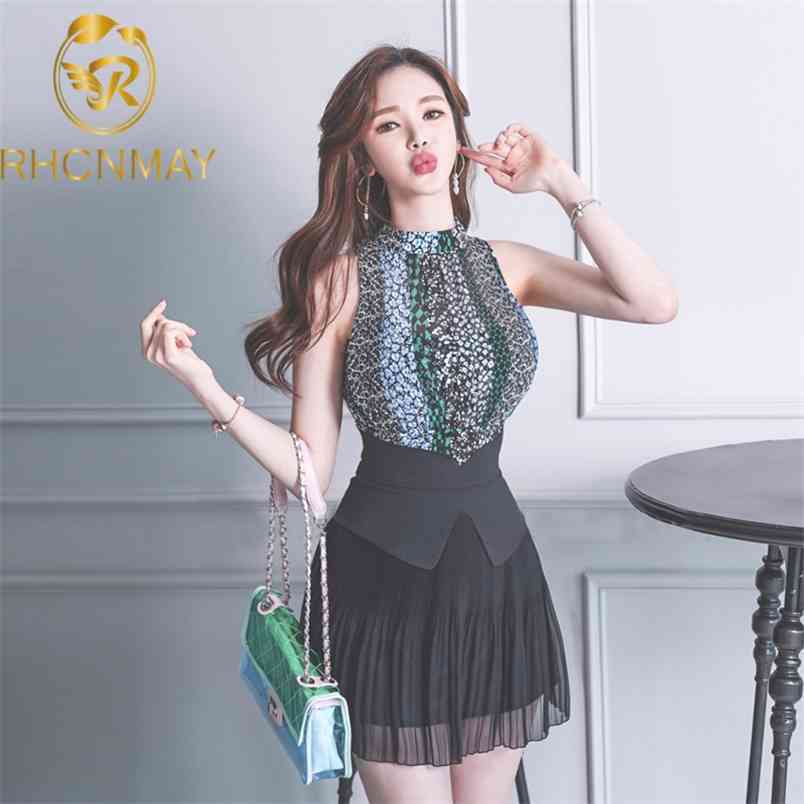 Korea Summer Vintage Print Sleeveless Vest Top High Waist Bodycon Black Chiffon Skirt Two Piece Casual Clothing Sets Club Dress 210506