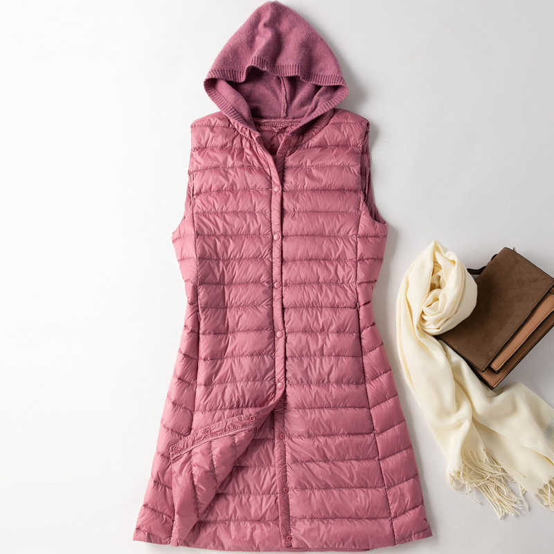 White Duck Down Women's Long Vest With Hooded Slim Warm Ultra Light Sleeveless Female Vests Coat Winter Solid Plus Size 4XL 210819
