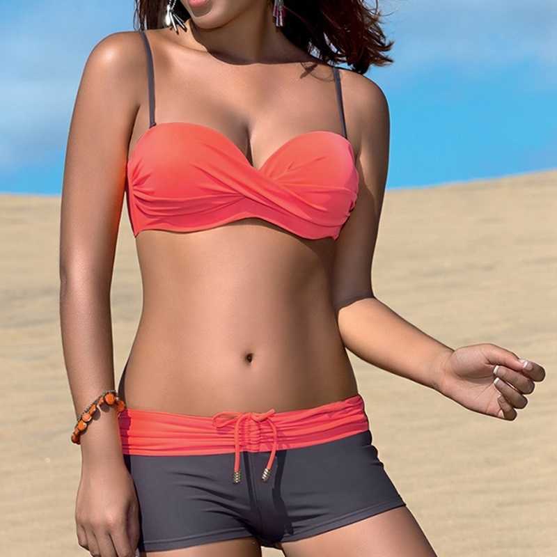 Women's Push Up High Waist Tankini Swimsuit Solid Patchwork Shorts Two Piece Bathing Suits