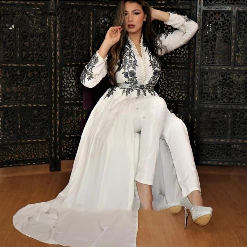White Long Sleeve Jumpsuit Muslim Evening Dresses V Neck Lace Appliques Overskirt Train Arabic Moroccan Formal Prom Gowns Robe De Soiree