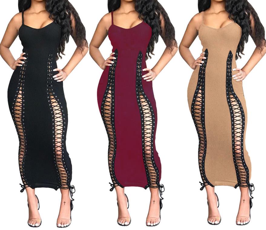 Womens Sexy Lace up Bodycon Long Maxi Dress Spaghetti Straps Hollow Out Backless Knit Ribbed Bandage Clubwear Red Black S-XL