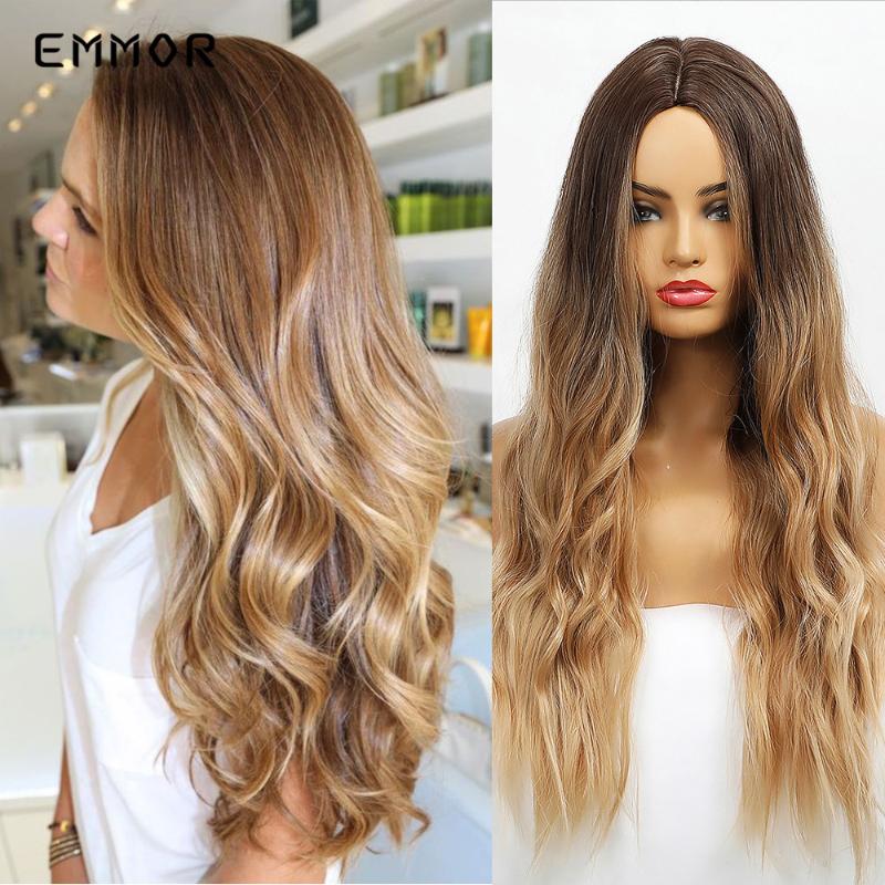 Synthetic Wigs Emmor Natural Long Middle Part Hair Wig Black Brown With Blonde Cosplay Wavy Fashion Heat Resistant For Women