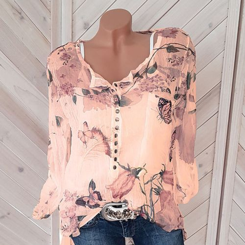 Sexy V Neck Button Chiffon Shirt Autumn Spring Blouses Women Plus Size 5XL Tops Sweet Long Sleeve Blouse Vintage Printed Shirts 210317