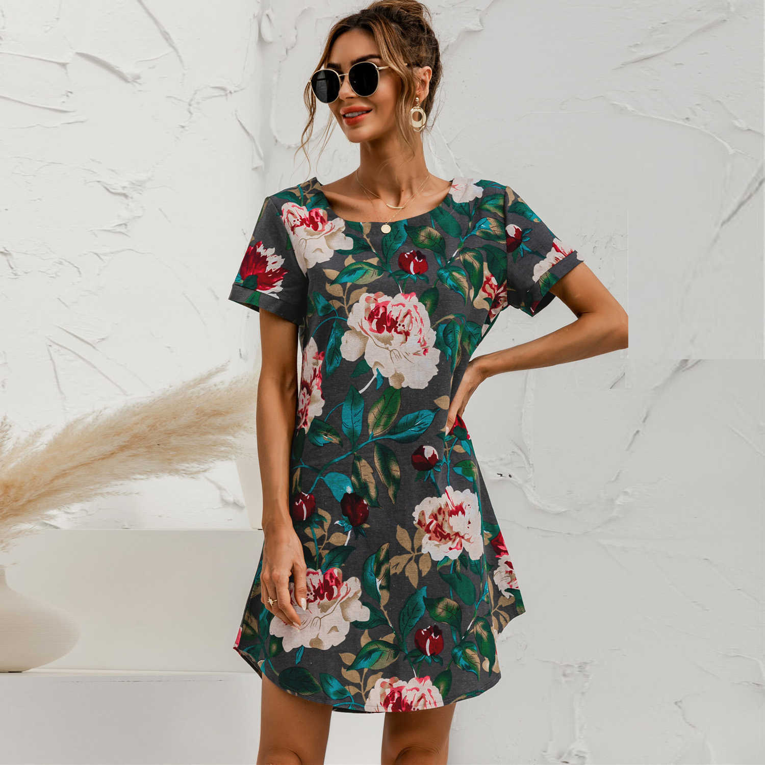 Vintage Floral Print Cotton Linen Dress Summer Women's Casual O Neck Short Sleeve Loose Straight Mini Dresses Vestidos Plus Size 210526
