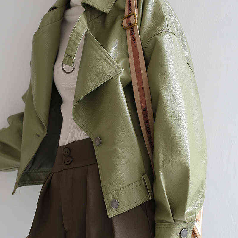 Fitaylor Loose Pu Leather Batwing Sleeve Vintage Leather Jacket Street Casual Outwear Ladies Biker Leather Coat Multicolor 211130