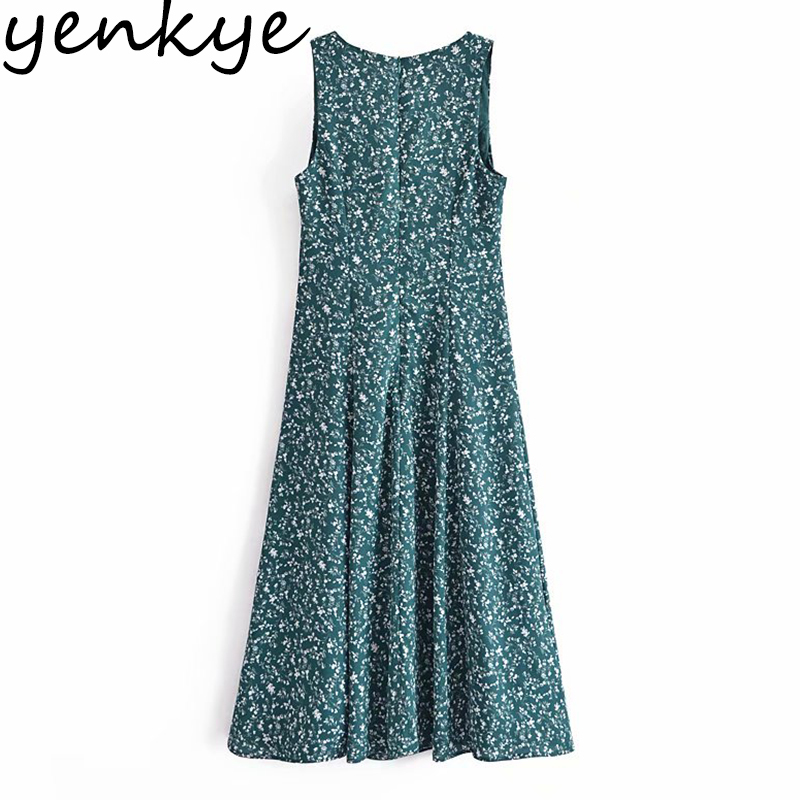 Vintage Floral Print Tank Summer Dress Women Square Neck Sleeveless A-line Midi Chiffon Female Prairie Chic Robe 210430