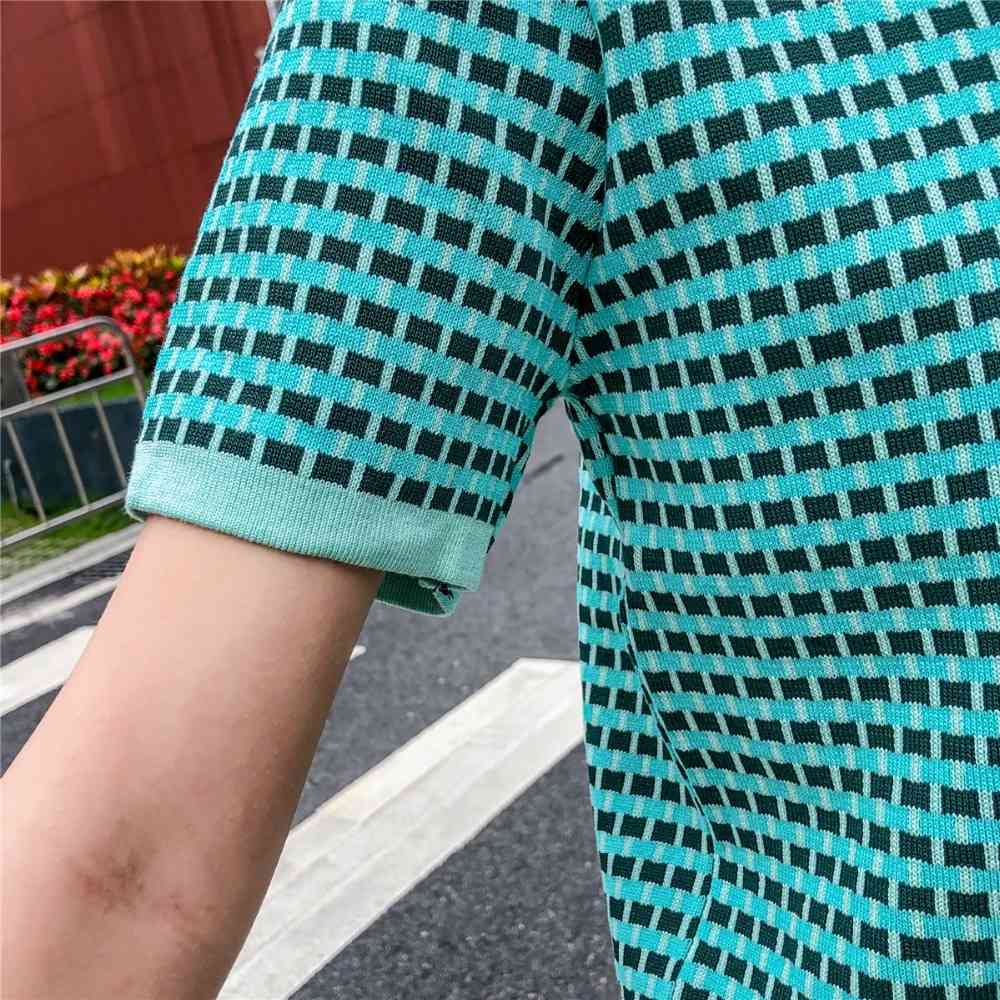 Comelsexy Women Summer Short Sleeve Plaid Knitted Sweaters+skirts 2 Pieces Casual Clothing Sets Suit 210515