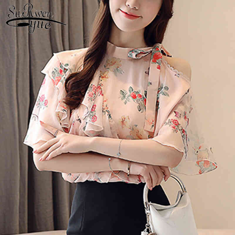 Mujer De Moda Summer Short Sleeve Floral Chiffon Blouse Women Off-Shoulder Flounced Loose-Fit Tops Blusas 8673 50 210427