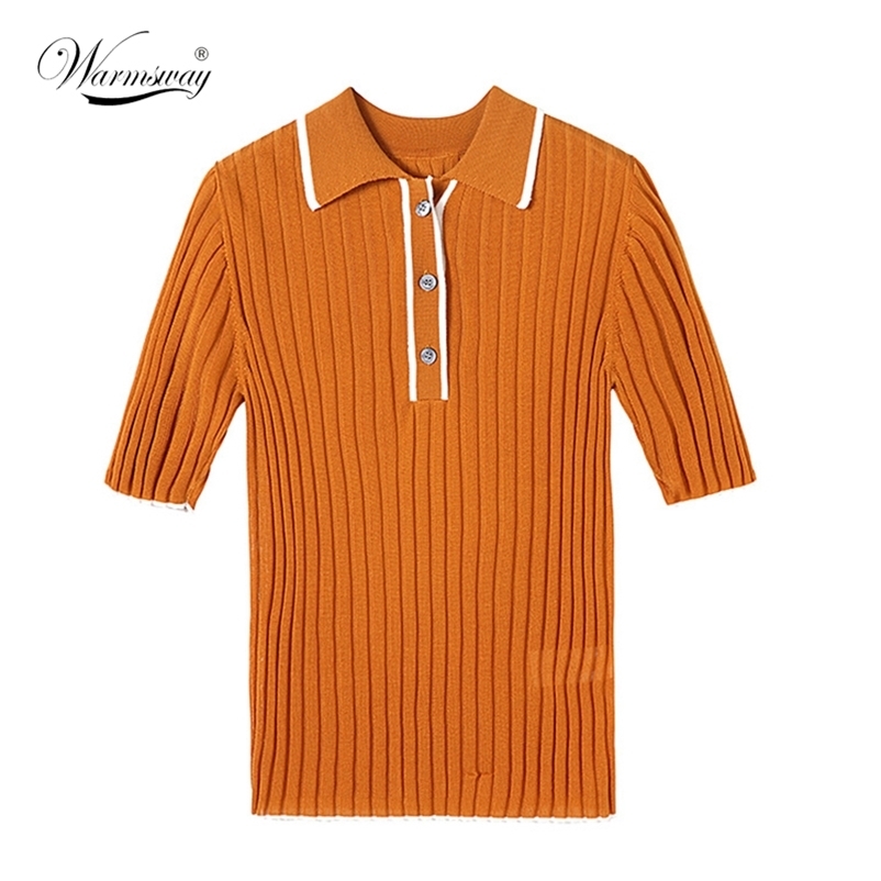 High Quality Womens Tops Summer T-Shirt Slim Button Retro V-Neck Knitted Thin Short Sleeve Knitwear A-002 210522