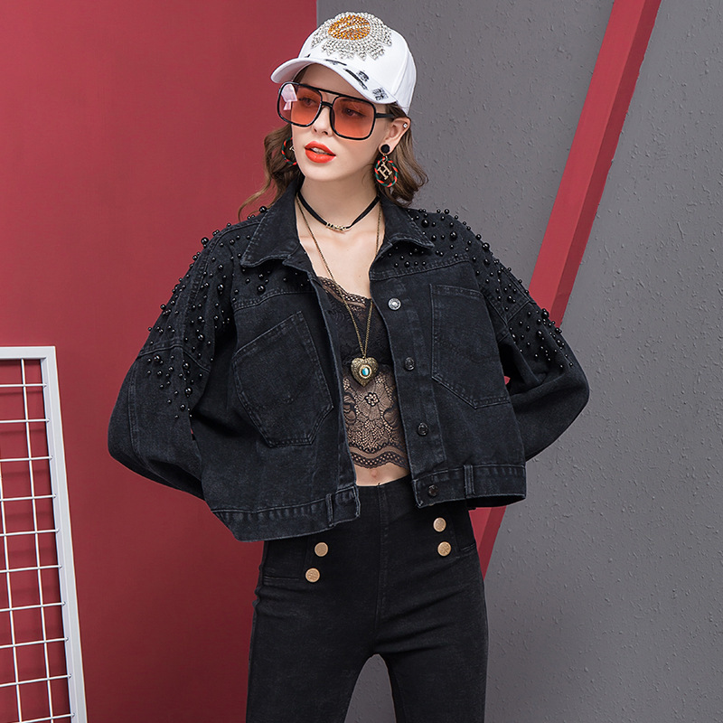 women denim jacket black loose beading short coat Spring Autumn styled jeans coats female 210524
