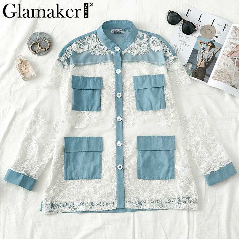 Glamaker Denim patchwork blouse shirt women Streetwear transparent autumn shirt top Sexy long sleeve lace white blouse ladies T191231