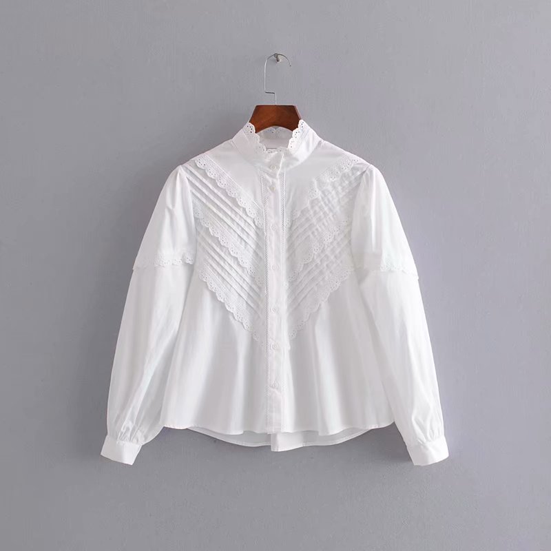 Chic Elegant Long Sleeve Button Up Women Shirt style Lace Mandarin Collar Ladies white Blouse Spring Female Clothing 210521