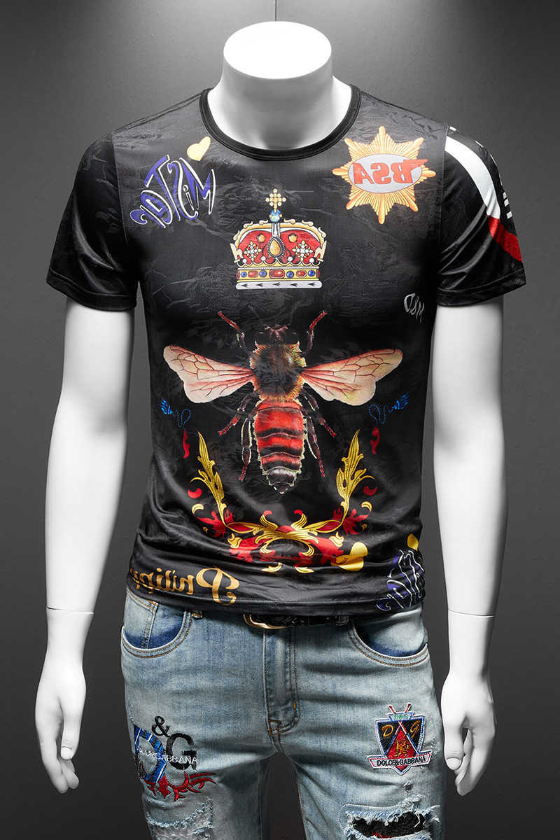 Crown Bee Print T Shirt Men Short Sleeve Summer Casual T-Shirt Breathable Tee Tops Streetwear T Shirt Male Clothes 7XL 210527