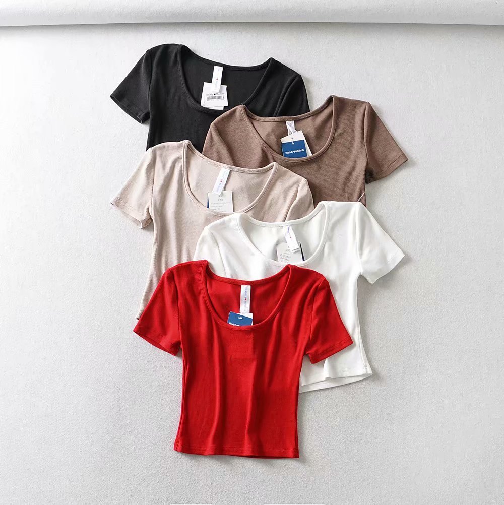 Sexy Round Neck Solid Color Ribbed Stretch Short Sleeve Women's T-Shirt Short High Waist Umbilical Tight Chic Female Top 210507