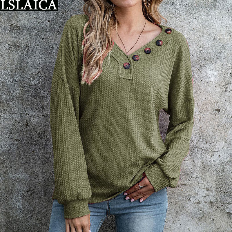 Women Blouses Casual Long Sleeve V Neck Button Tops for Fashion Solid Irregular Female Shirts Streetwear Plus Size Clothes 210520