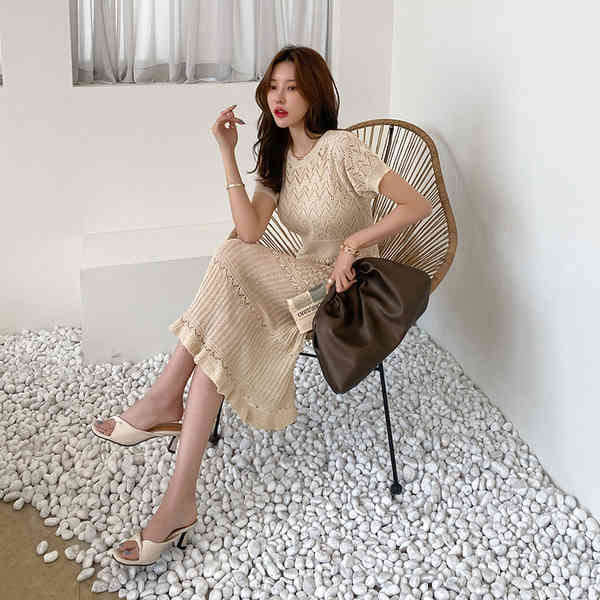 Elegant Summer Dress Women O-Neck Short Sleeve Slim Knit Hollow out Casual Midi Party Dresses Femme Vestidos 210519