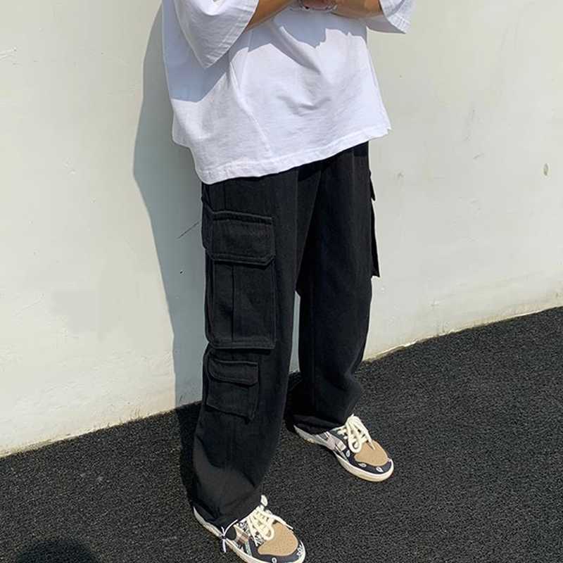 Autumn Casual Pants Men's Fashion Outdoors Straight Wide Leg Black White Multi-pocket Hip Hop Tooling Work Jeans Loose Trousers 211009