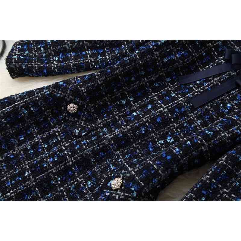High Quality Runway Woman Clothes Elegant Diamonds Bow Long Sleeve Casual Slim Plaid Retro Tweed Woolen Dress Vestidos 210519