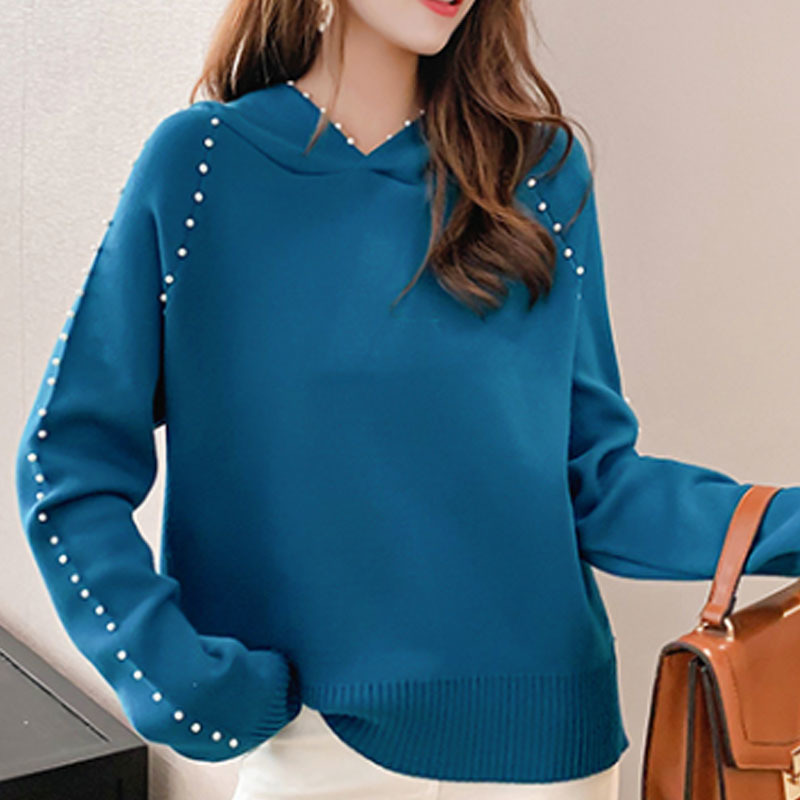 Autumn/winter Women Sweaters and Pullovers Computer Knitted Casual Hooded Loose Beading Solid Women Sweaters 5194 50 210518