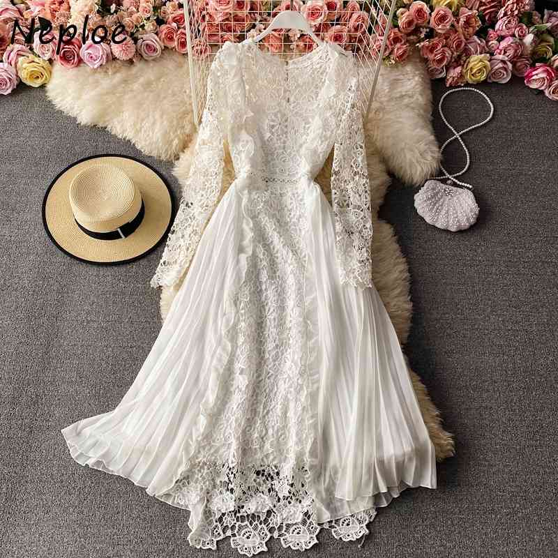 Neploe Elegant Lace Patchwork Hook Flower Chiffon Dress Women High Waist Hip A Line Long Vestidos Spring Long Sleeve Robe Solid 210422