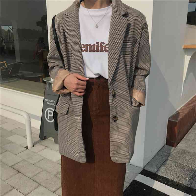 Vintage Single Breasted Office Ladies Plaid Blazer Long Sleeve Loose Suit Coat Jacket Women blazers Female 210514