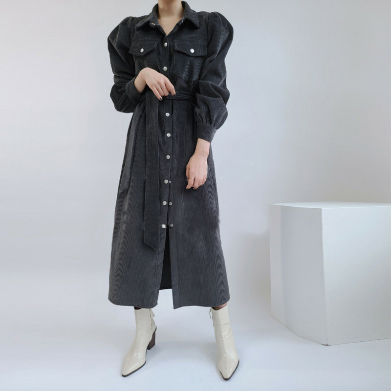 Spring Women Vintage Corduroy Elegant Midi Solid Shirt Dresses Casual Lantern Sleeve Vestido Da Festa 210520