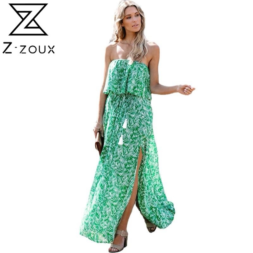 Women Dress Strapless Printed Bohemia es Sexy Long Print Floral Maxi Ruffle Split Plus Size Summer es 210513