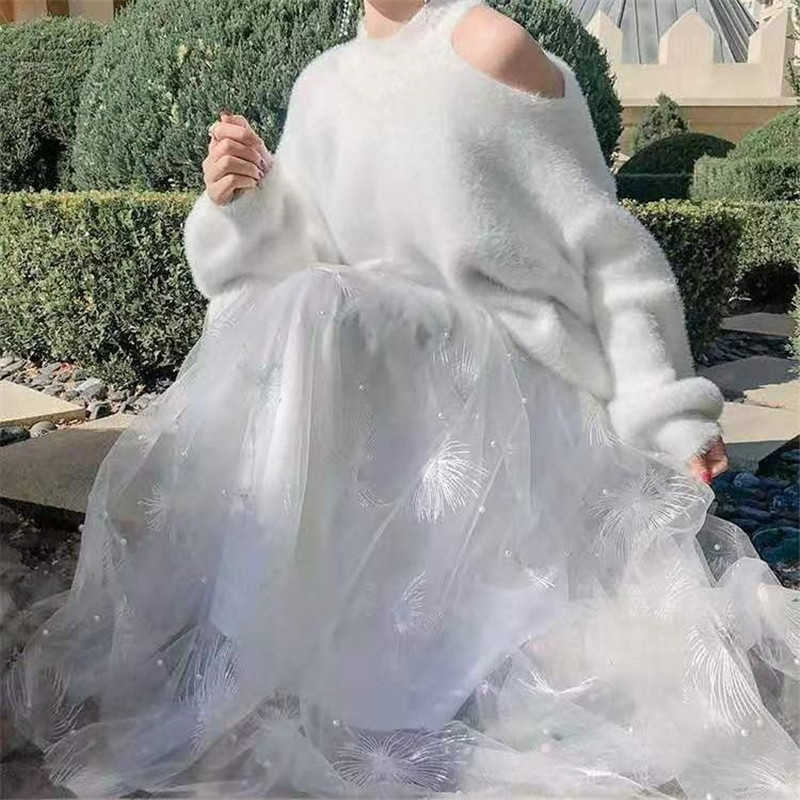 Elegant Embroidered Mesh Pearl Skirt Layers Tiered Tulle Women High Waist Long Maxi Pink White School Sun Lady 210619wtt