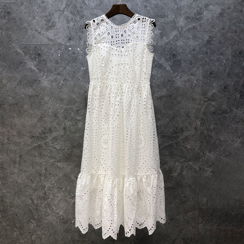 Hollow Out White Dress For Women O Neck Sleeveless Elegant Summer Dresses Female Fashion Clothing Stylish 210520