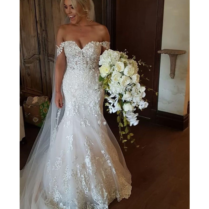 Berta Mermaid Wedding Dresses Off The Shoulder Lace Sexy Bridal Gowns Sweep Train Plus Size