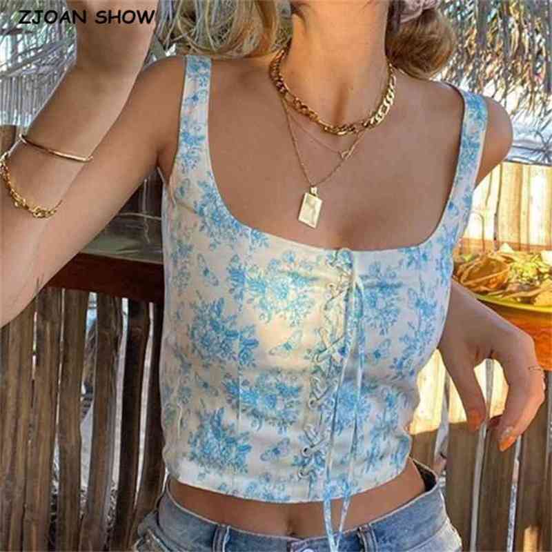 Harajuku Floral Print Camis Women Summer Cross Lace-up Bandage Tank Tops Retro Cool Girl Sexy Slim Crop Top Tees 210429