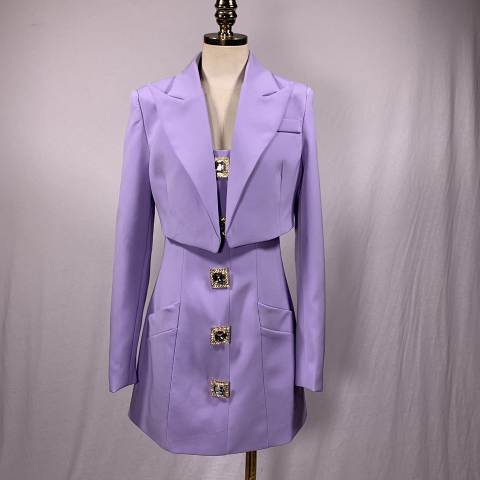 Elegant Two Piece Set For Women Lapel Long Sleeve Short Tops Square Collar Patchwork Diamond Vest Dress Casual Sets 210525