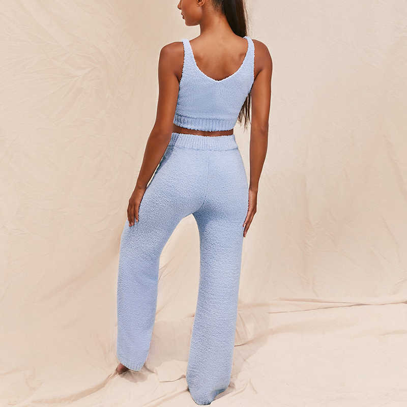 Colysmo Knitted Crop Top And Flared Pants Two Piece Sets Women Autumn Home Wear 2 Outfits Casual Sweater Set 210527