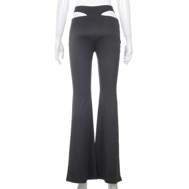 Colysmo Black Flare Pants Sexy Cut out Elastic Waist Solid Color Long Trousers Casual Streetwear Women Party Club Vintage 210527