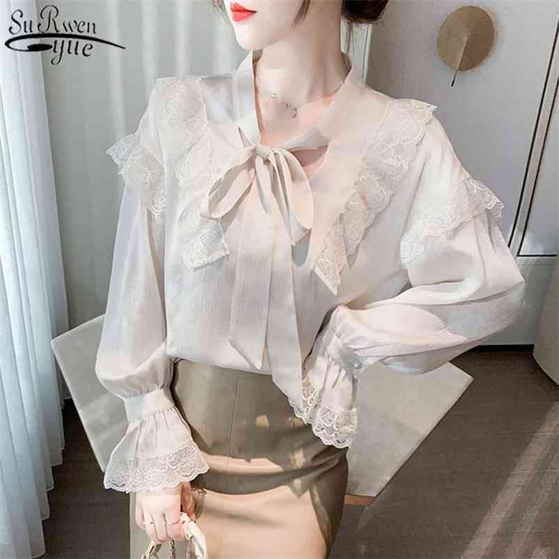 Hong Kong Style Retro Chiffon Shirts Women Strappy Shirt Spring Lace Ruffled Trumpet Sleeve Top Woman's Blouses 13210 210427
