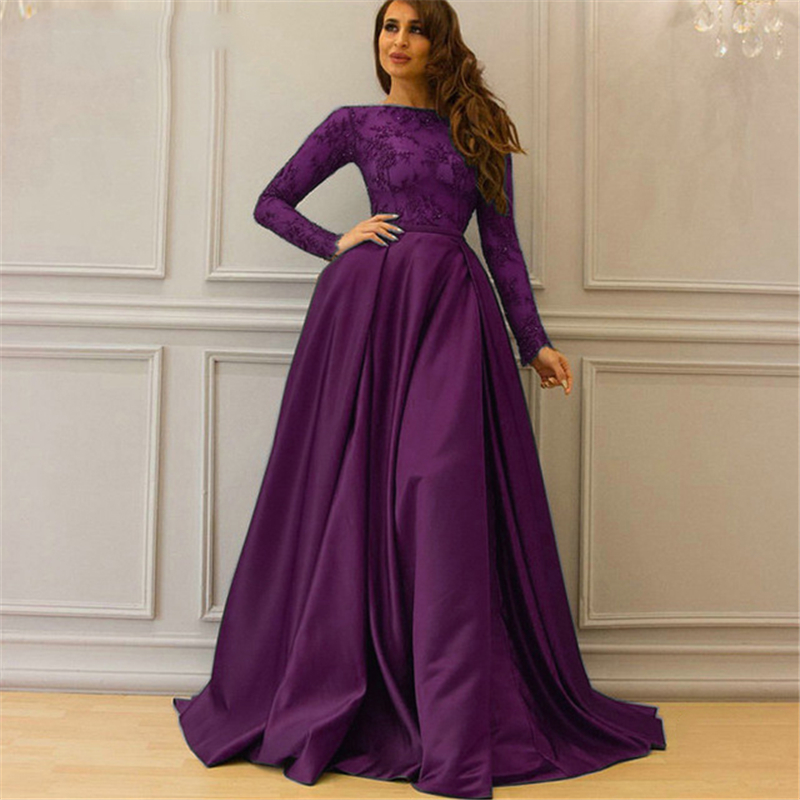 Burgundy Muslim Satin Evening Dresses With Long Sleeve Jewel Neck Appliques Lace Prom Dress Dubai Formal Occasion Gowns Saudi Arabic Plus Size Vestido