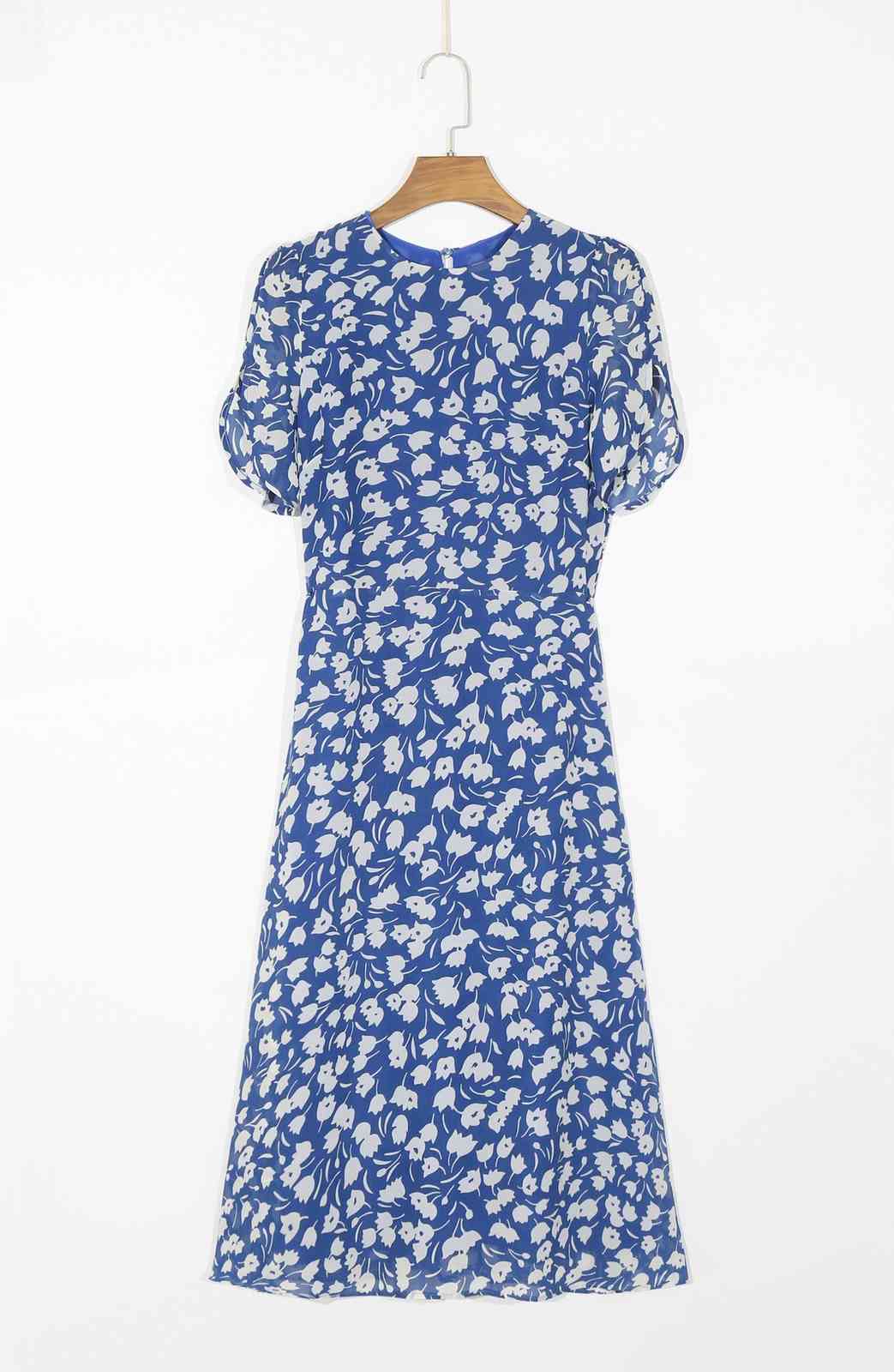 Vintage French Women Hit Color Flower Print Midi Dress Summer Round Collar Short sleeve Slim Chiffon 210429