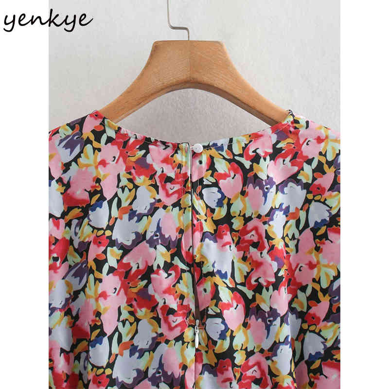 YENKYE Multicolor Floral Print Dress Women O Neck Long Sleeve Pleated Casual Dress Female Midi Vestido Plus Size 210515