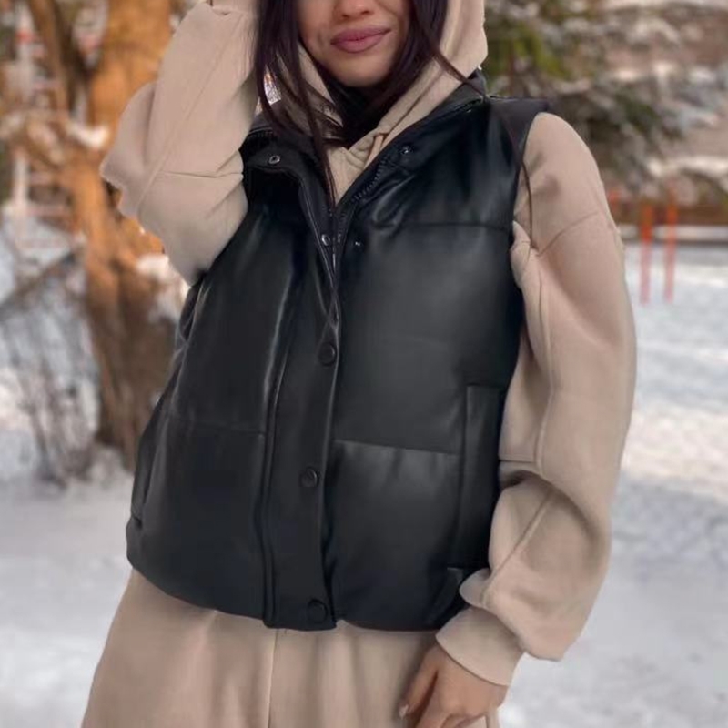 Vintage Women PU Leather Down Vest Spring-Autumn Fashion Ladies Waterproof Waistcoats Casual Female Chic Outerwear Girls 210430