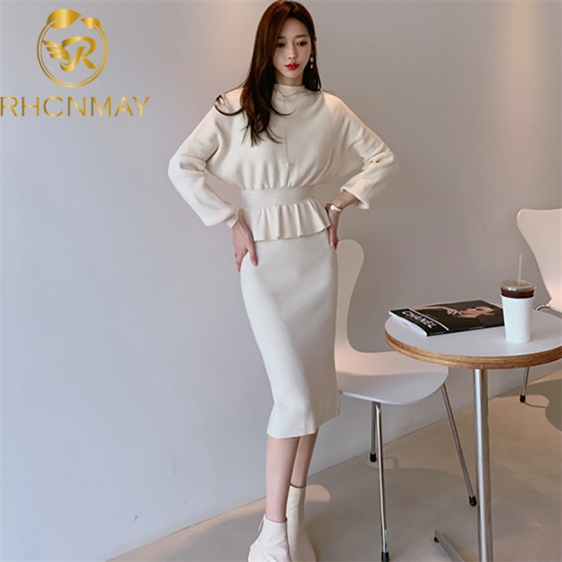 Autumn and winter Knitted O-neck Sweater Skirts 2 Piece Sets Women Two High waist Bag hip skirt 210506
