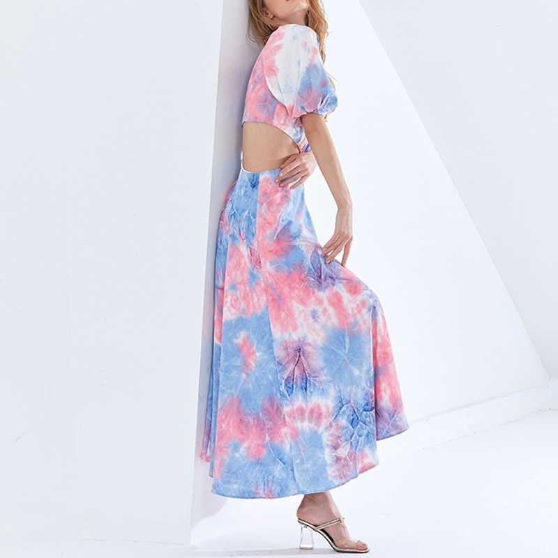 Spring Summer Bohemian Long Dresses Tie Dye Hollow Out O-neck Women Vestidos Patchwork Slim Waist Elegant Femme Robe 13A173 210525