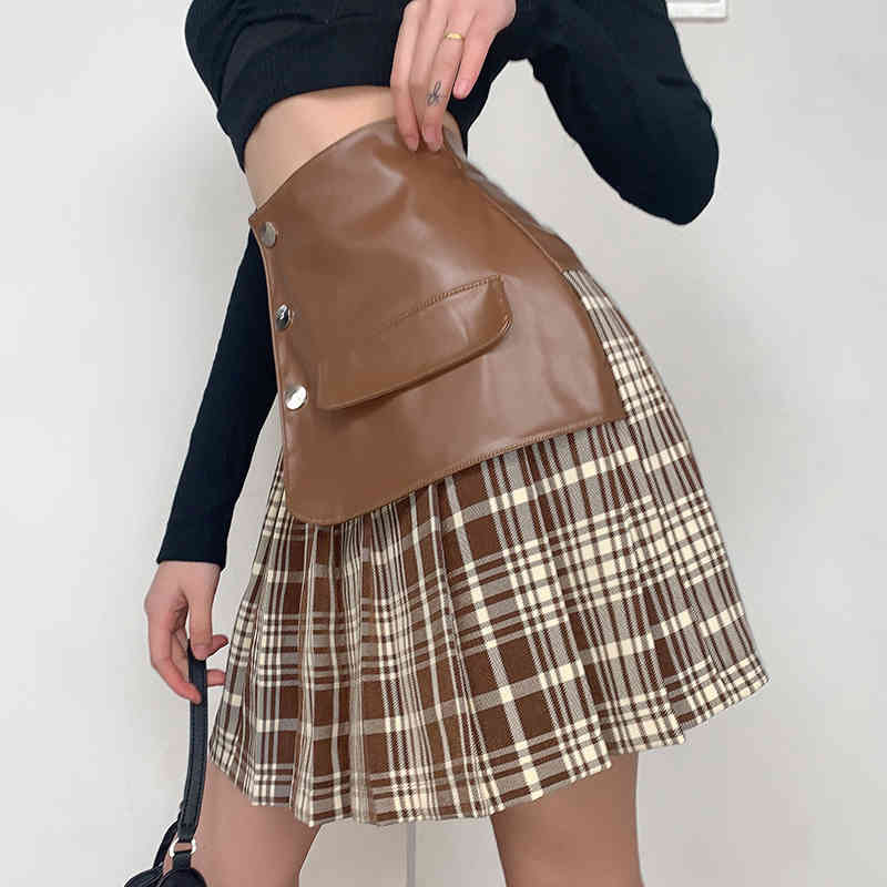 Women skirt fashion women PU leather patchwork A-line pleated Mini Skirts for female styled girls plaid skirts 210524